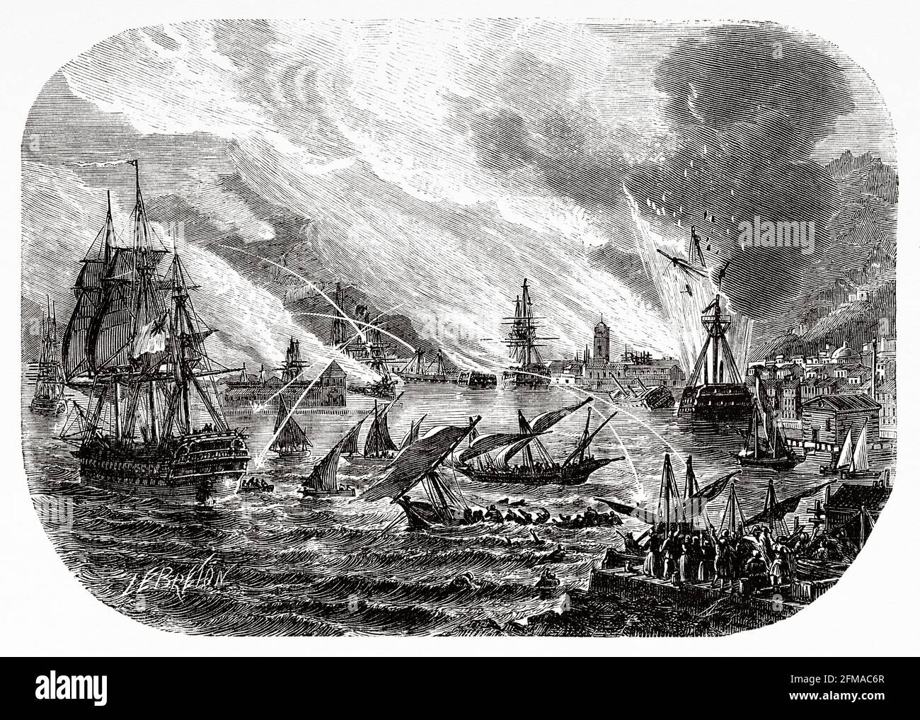 Assedio di Tolone. Rivolta del porto di Tolone contro il suo paese Francia nel 1793. Flotte combinate di Spagna e Gran Bretagna invadono il sud della Francia attraverso il porto di Tolone. Francia. Illustrazione del vecchio XIX secolo incisa da Histoire de la Revolution Francaise 1876 di Jules Michelet (1798-1874) Foto Stock