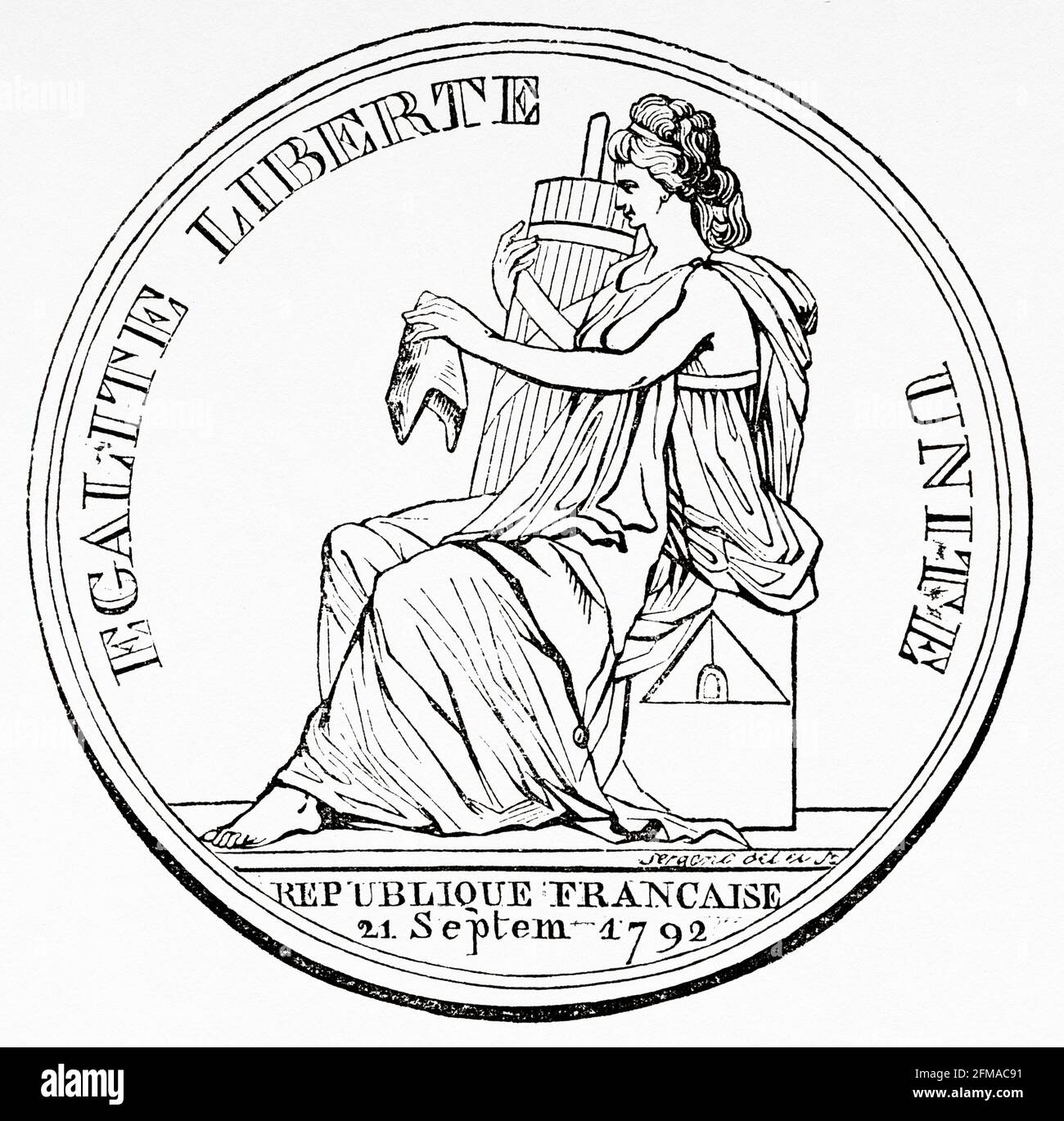 Tessera Convention. La Convenzione Nazionale fu un parlamento della Rivoluzione Francese, dopo l'Assemblea costituente Nazionale biennale e l'Assemblea legislativa di un anno. Creato dopo la grande insurrezione del 10 agosto 1792, fu il primo governo francese organizzato come repubblica. Francia. Illustrazione del vecchio XIX secolo incisa da Histoire de la Revolution Francaise 1876 di Jules Michelet (1798-1874) Foto Stock