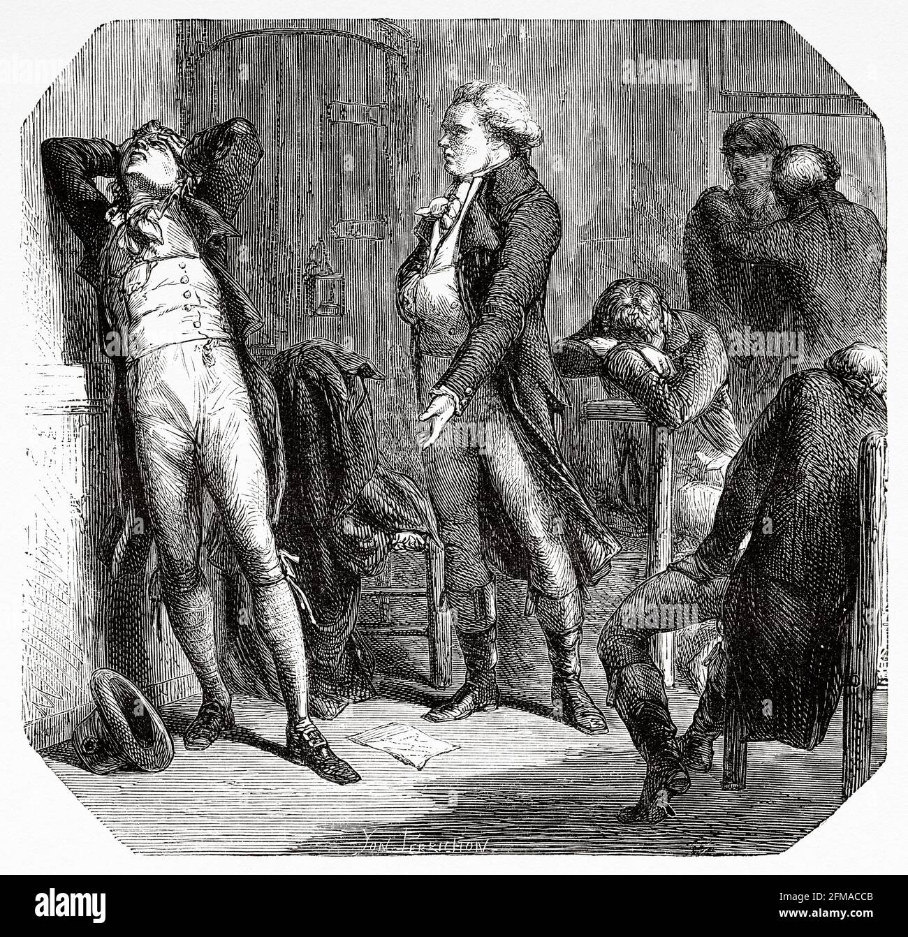 Georges Danton e Camille Desmoulins hanno detenuto prigionieri nella prigione di Lussemburgo. Francia. Illustrazione del vecchio XIX secolo incisa da Histoire de la Revolution Francaise 1876 di Jules Michelet (1798-1874) Foto Stock