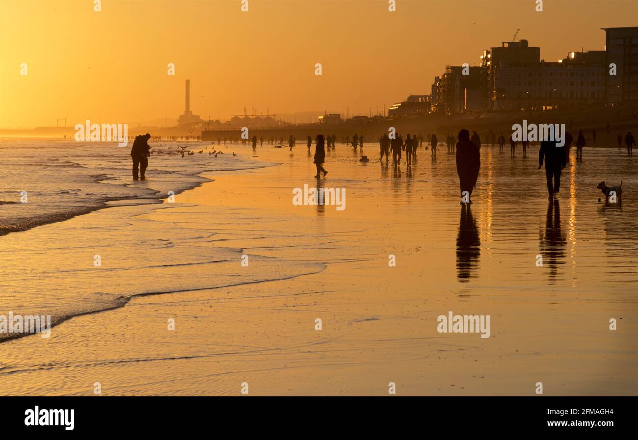 Spiaggia di Brighton e Hove con bassa marea che guarda ad ovest. Sagome di persone che camminano lungo la spiaggia sabbiosa al tramonto. East Sussex, Inghilterra Foto Stock