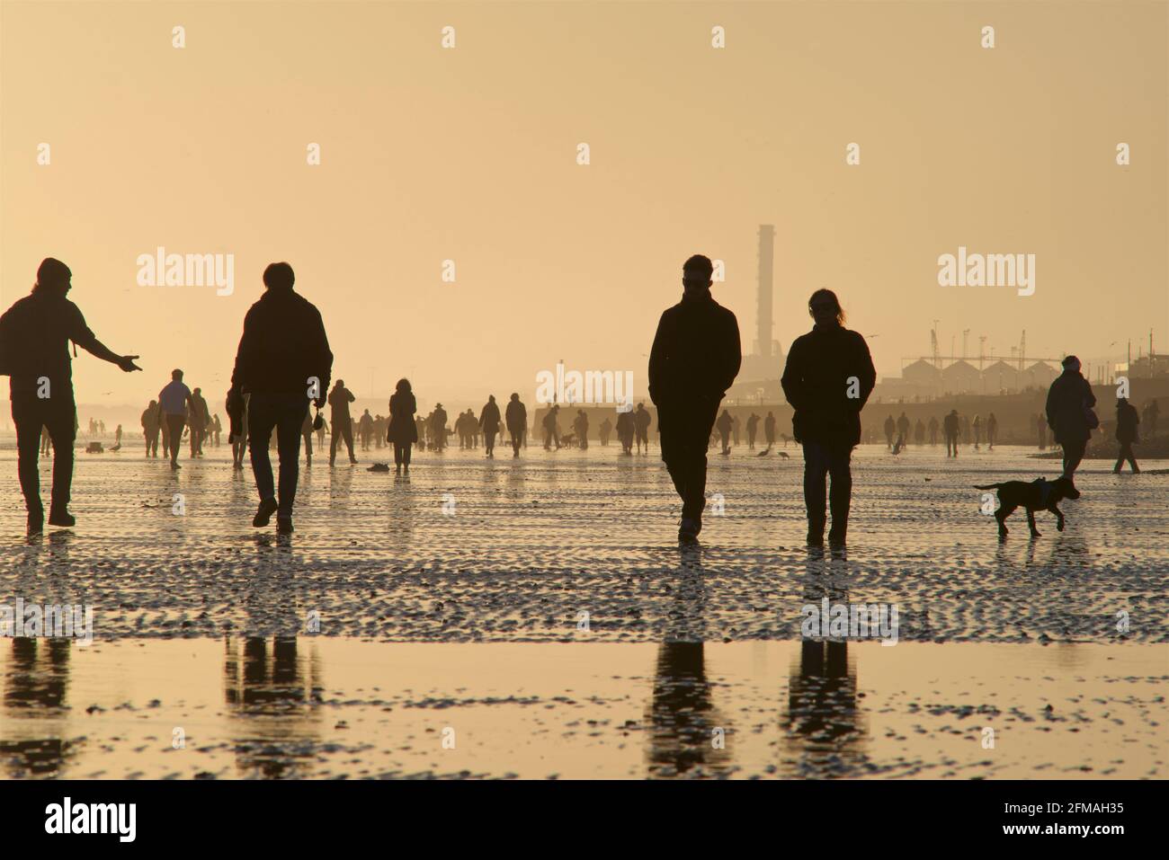 Spiaggia di Brighton e Hove con bassa marea che guarda ad ovest. Sagome di persone che camminano lungo la spiaggia sabbiosa al tramonto. East Sussex, Inghilterra. Marea Neap Foto Stock