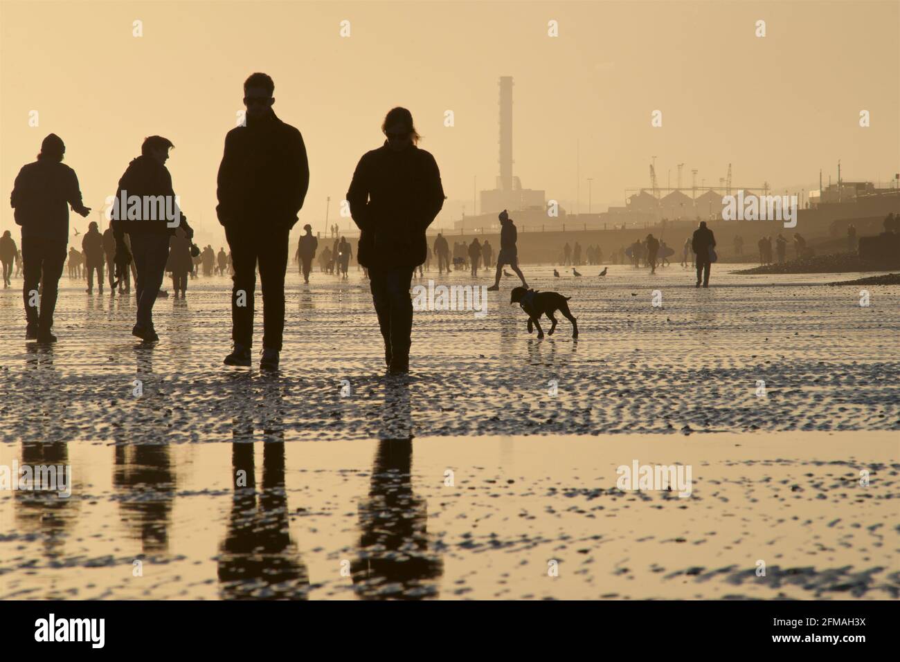 Spiaggia di Brighton e Hove con bassa marea che guarda ad ovest. Sagome di persone che camminano lungo la spiaggia sabbiosa al tramonto. East Sussex, Inghilterra. Marea Neap Foto Stock
