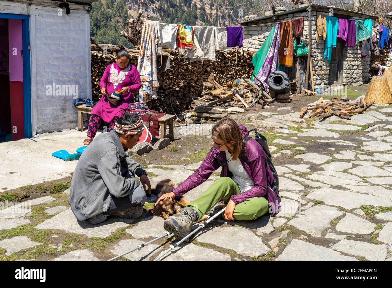 Giovane donna e guida trekking giocano con cuccioli vicino a Kalopani, Mustang, Nepal Foto Stock