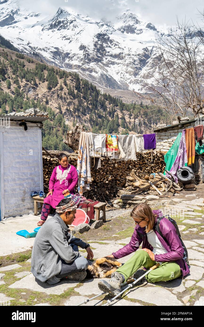 Giovane donna e guida trekking giocare con cuccioli vicino Kalopani, Mustang, Nepal, Mustang, Nepal Foto Stock