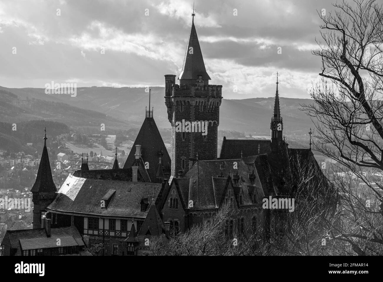 Germania, Sassonia-Anhalt, Wernigerode, vista da Agnesberg al Castello di Wernigerode nei Monti Harz. Foto Stock