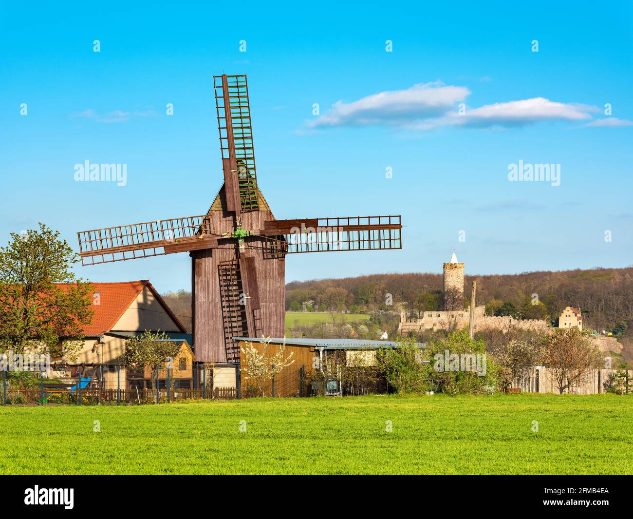 Germania, Sassonia-Anhalt, Naumburg, mulino di Schellsitz e rovine del castello Schönburg nella valle di Saale in primavera Foto Stock