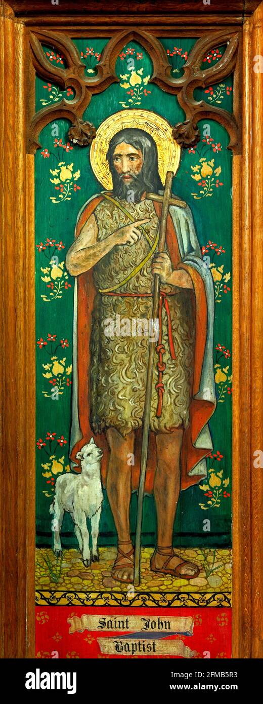 San Giovanni Battista, pittura su reredos di legno, Langham, Norfolk, Inghilterra Foto Stock
