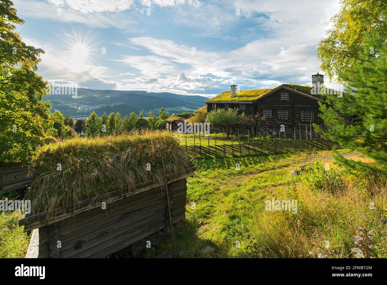 Edifici storici nel Museo all'aperto di Maihaugen, Lillehammer, Innlandet, Norvegia Foto Stock