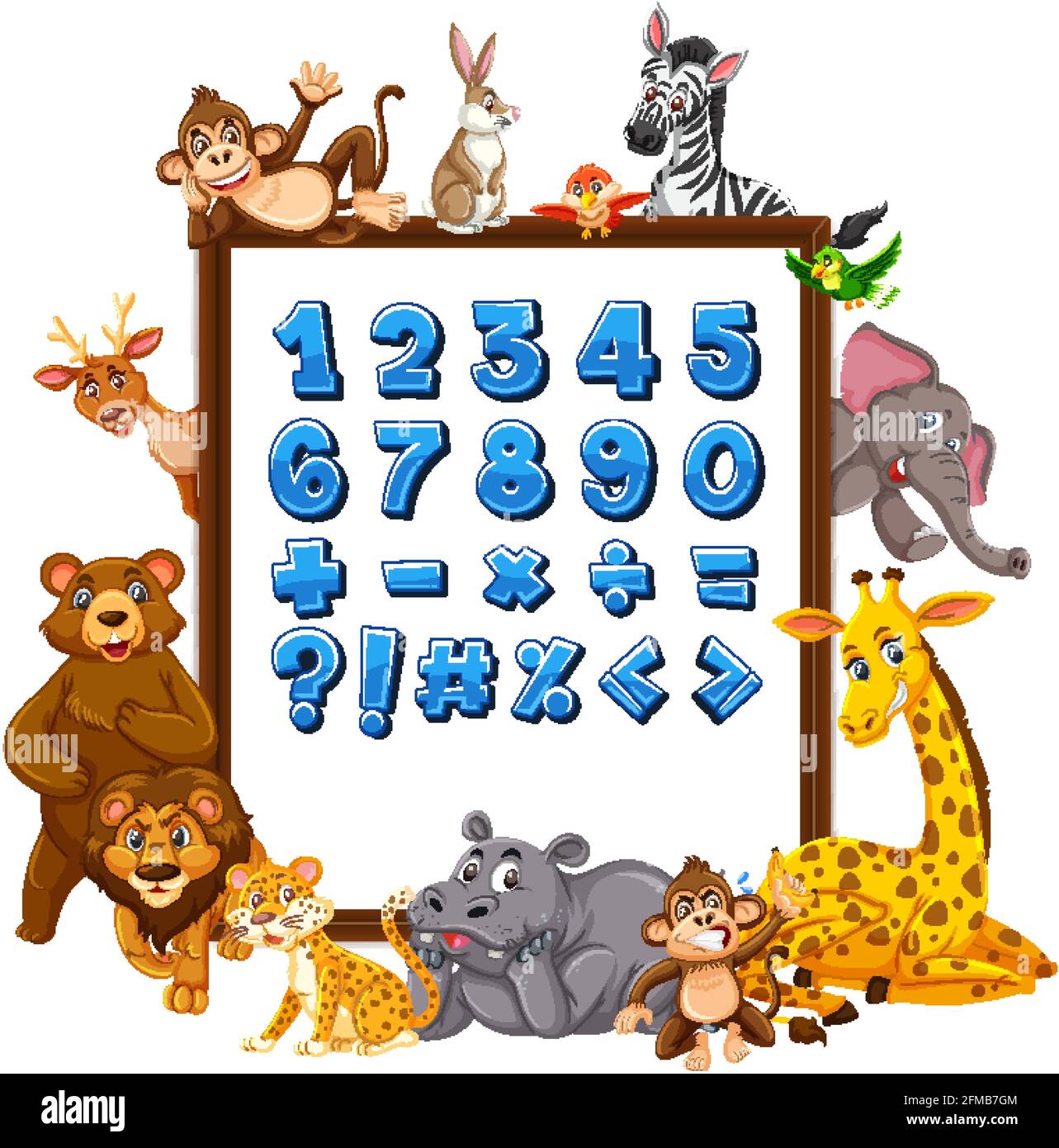 Numeri da 0 a 9 e simboli matematici sul banner con illustrazione degli animali selvatici Illustrazione Vettoriale