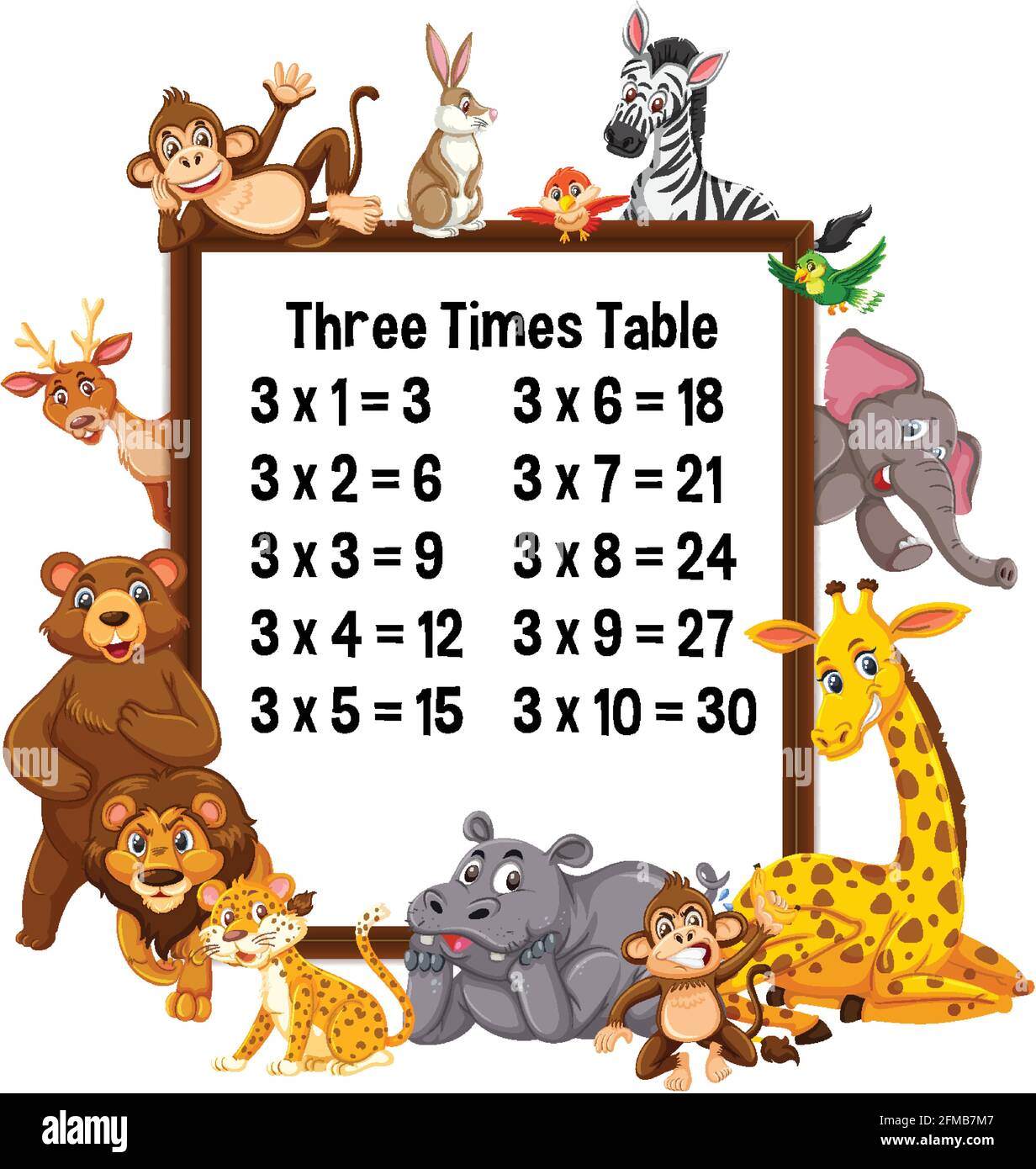 Tabella tre volte con illustrazione degli animali selvatici Illustrazione Vettoriale