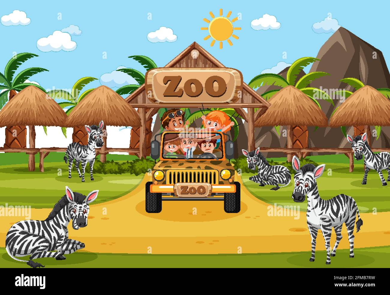 Safari scena con i bambini in auto turistica guardando zebra gruppo illustrazione Illustrazione Vettoriale