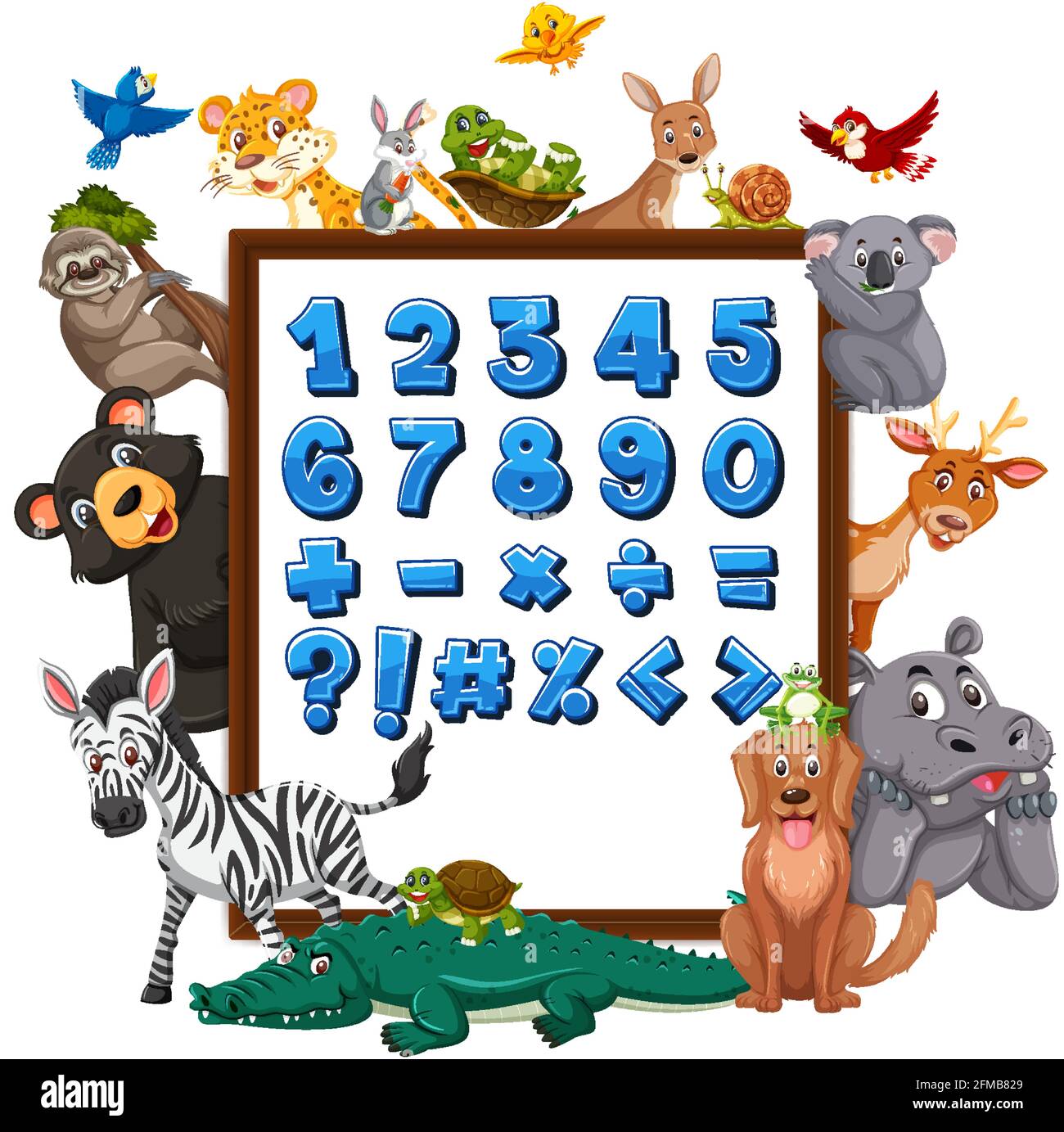 Numeri da 0 a 9 e simboli matematici sul banner con illustrazione degli animali selvatici Illustrazione Vettoriale
