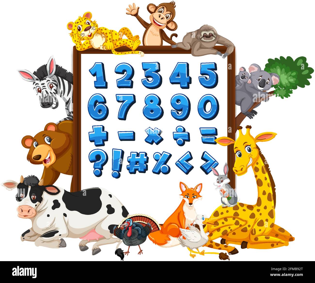 Numeri da 0 a 9 e simboli matematici sul banner con illustrazione degli animali selvatici Illustrazione Vettoriale