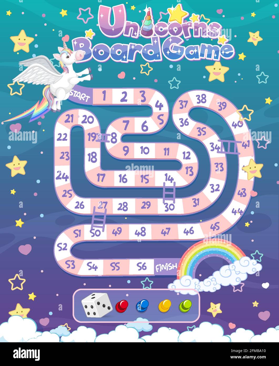 Gioco da tavolo per bambini in stile unicorno pastello modello illustrazione Illustrazione Vettoriale