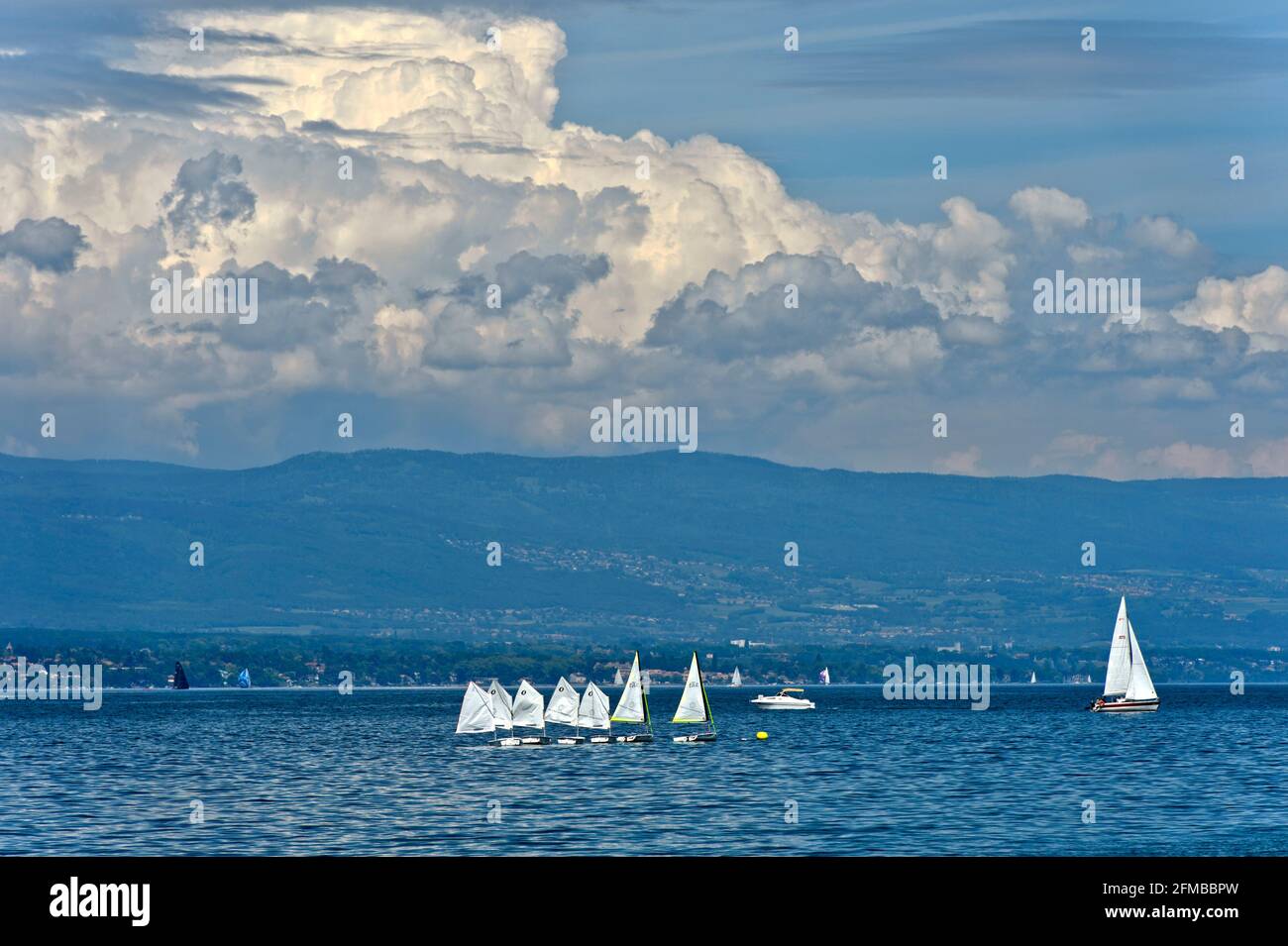 Barche con vele bianche di una scuola di vela sul lago di Ginevra di fronte alle nuvole buie tempesta, Anières, Canton Ginevra, Svizzera Foto Stock