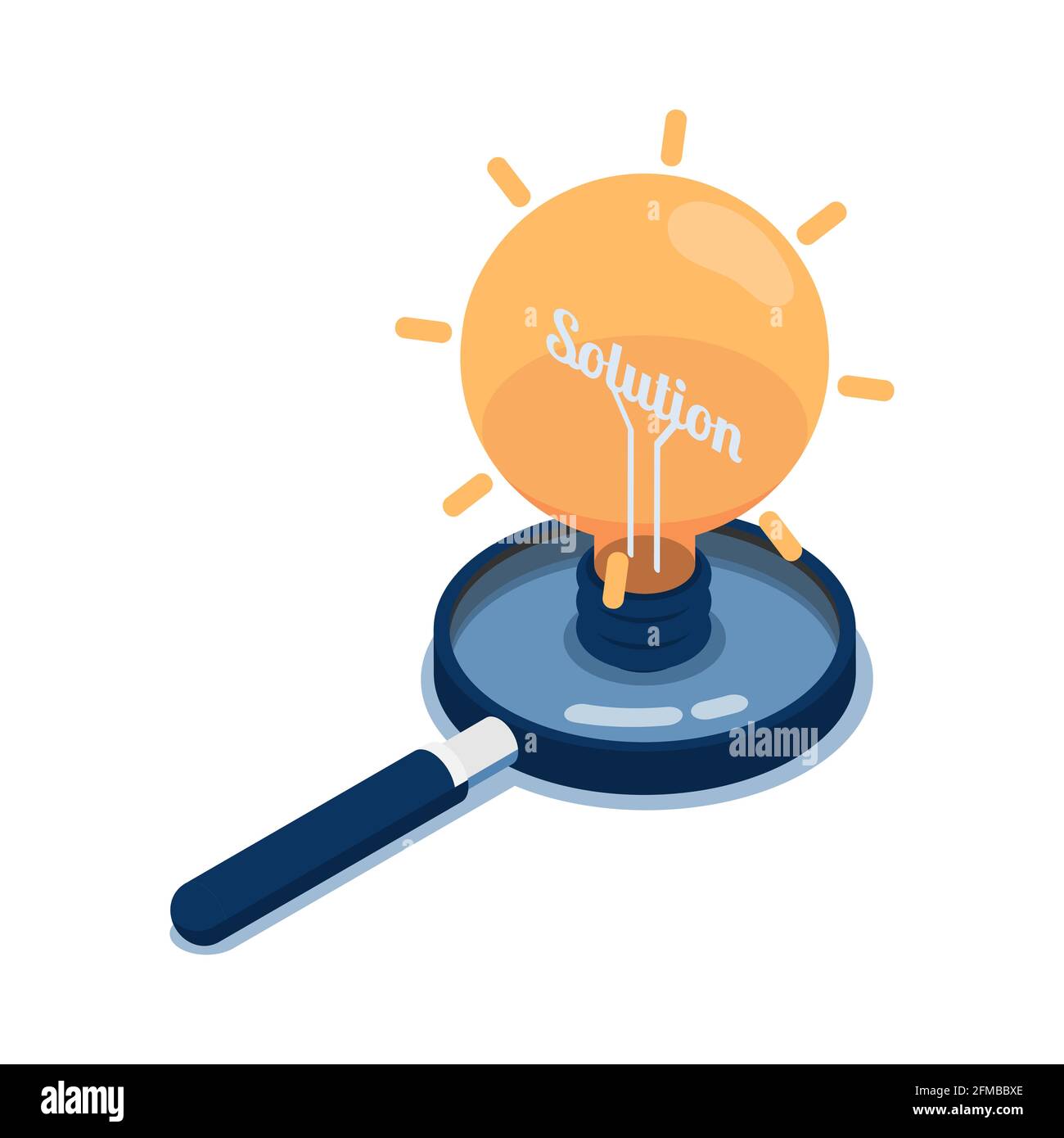 Lampadina isometrica 3d piatta dell'idea con Word Solution Inside Over Magnifying Glass. Soluzione aziendale e concetto di idea. Illustrazione Vettoriale