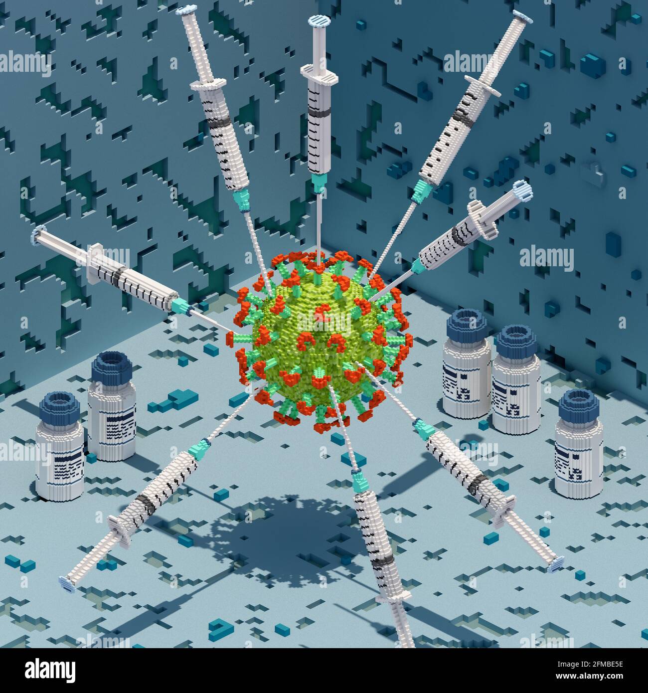 Virus corona attaccato in forma di stella da siringhe di vaccino in stile grafico voxel, vista isometrica Foto Stock