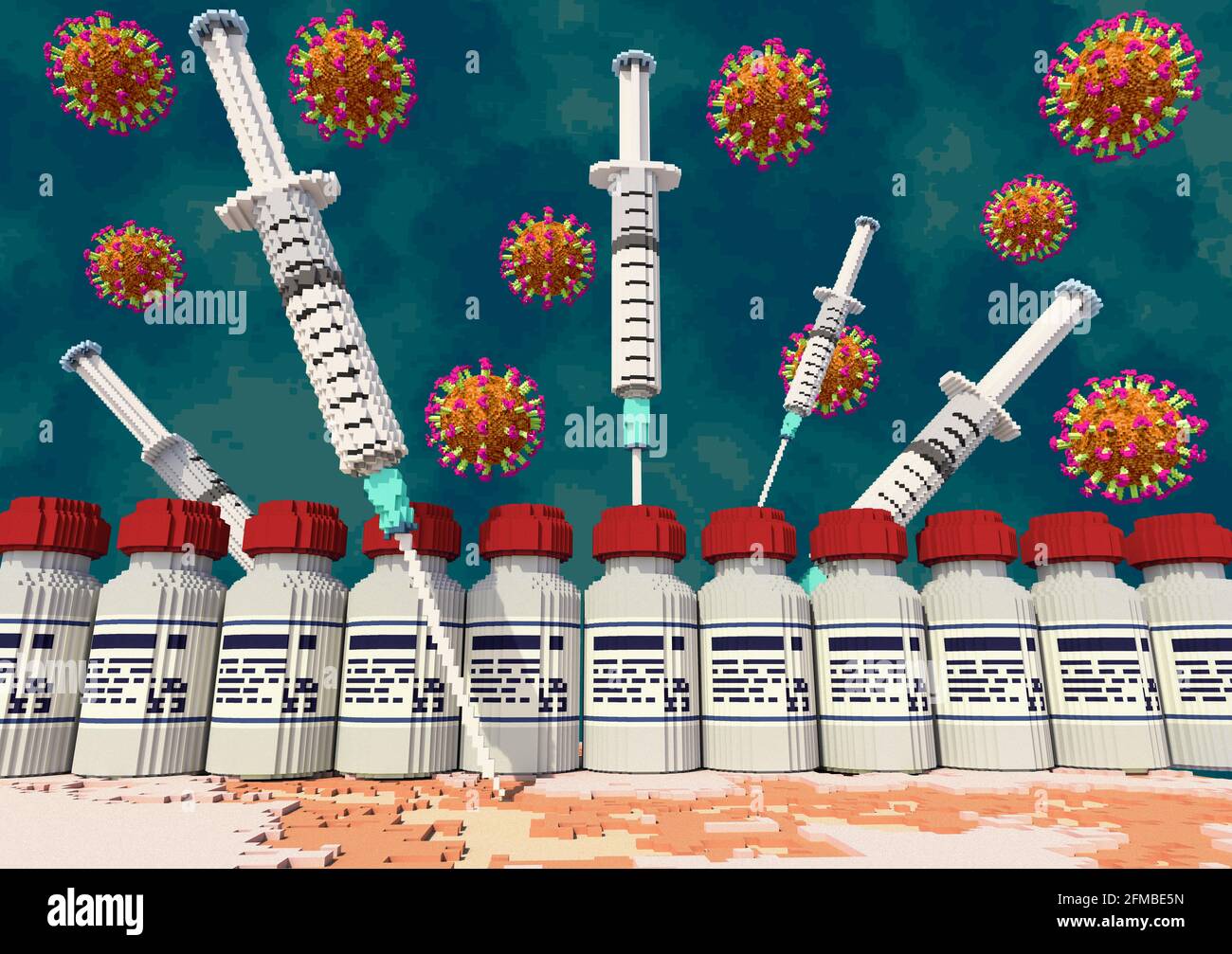 Siringhe di vaccino, bicchieri di vaccino e virus della corona fluttuante di fronte a uno sfondo scuro e minaccioso, in stile grafico voxel Foto Stock