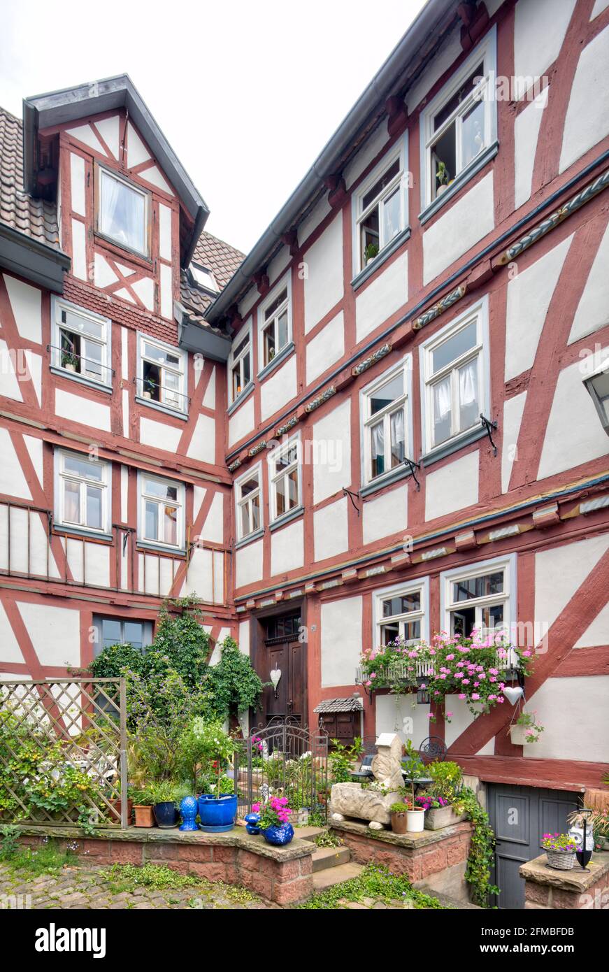 Casa a graticcio, porta anteriore, ingresso, decorazione floreale, facciata casa, Estate, Schlitz, Vogelbergskreis, Hesssen, Germania, Europa Foto Stock