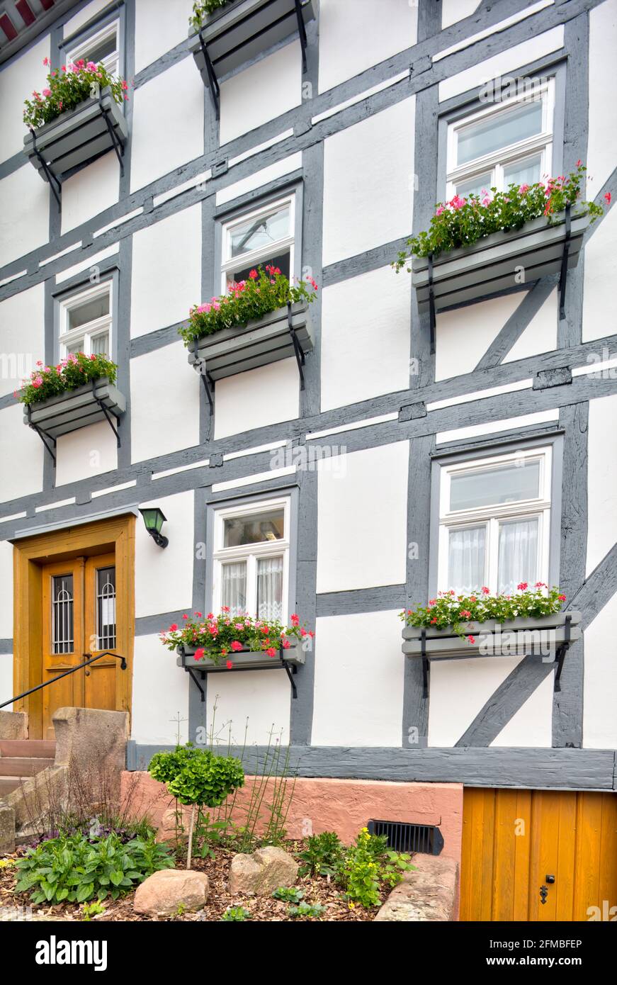 Casa a graticcio, porta anteriore, ingresso, facciata casa, estate, Schlitz, Vogelbergskreis, Hesssen, Germania, Europa Foto Stock