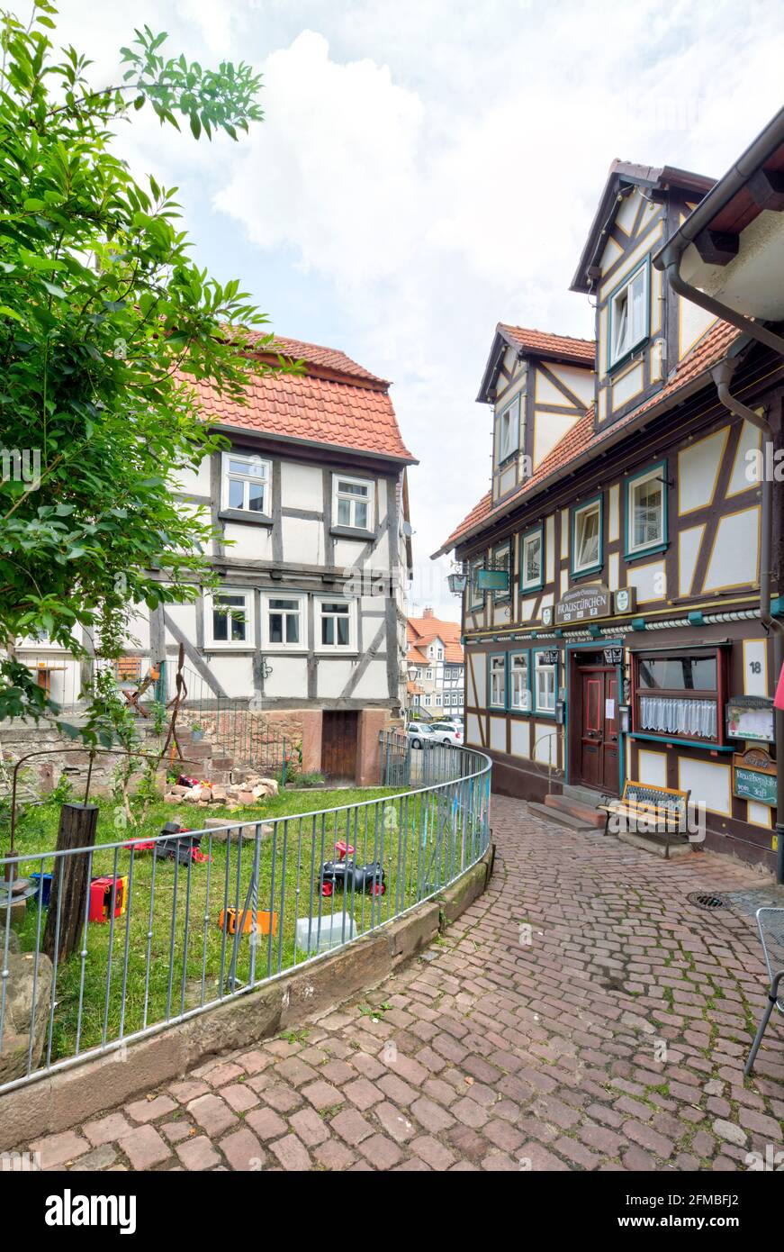 Casa a graticcio, Bräustübchen, facciata della casa, estate, Schlitz, Vogelbergskreis, Hesssen, Germania, Europa Foto Stock