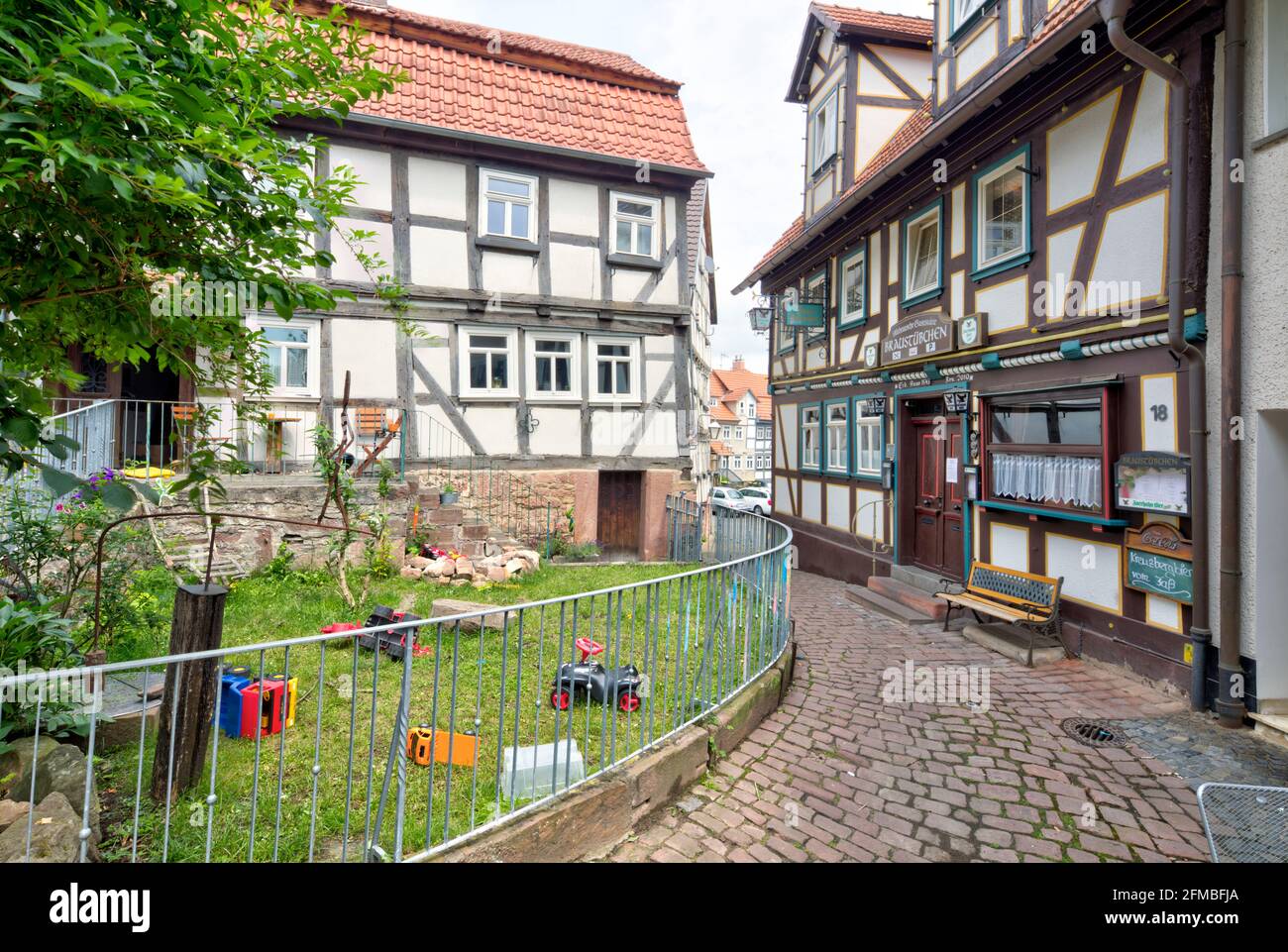 Casa a graticcio, Bräustübchen, facciata della casa, estate, Schlitz, Vogelbergskreis, Hesssen, Germania, Europa Foto Stock