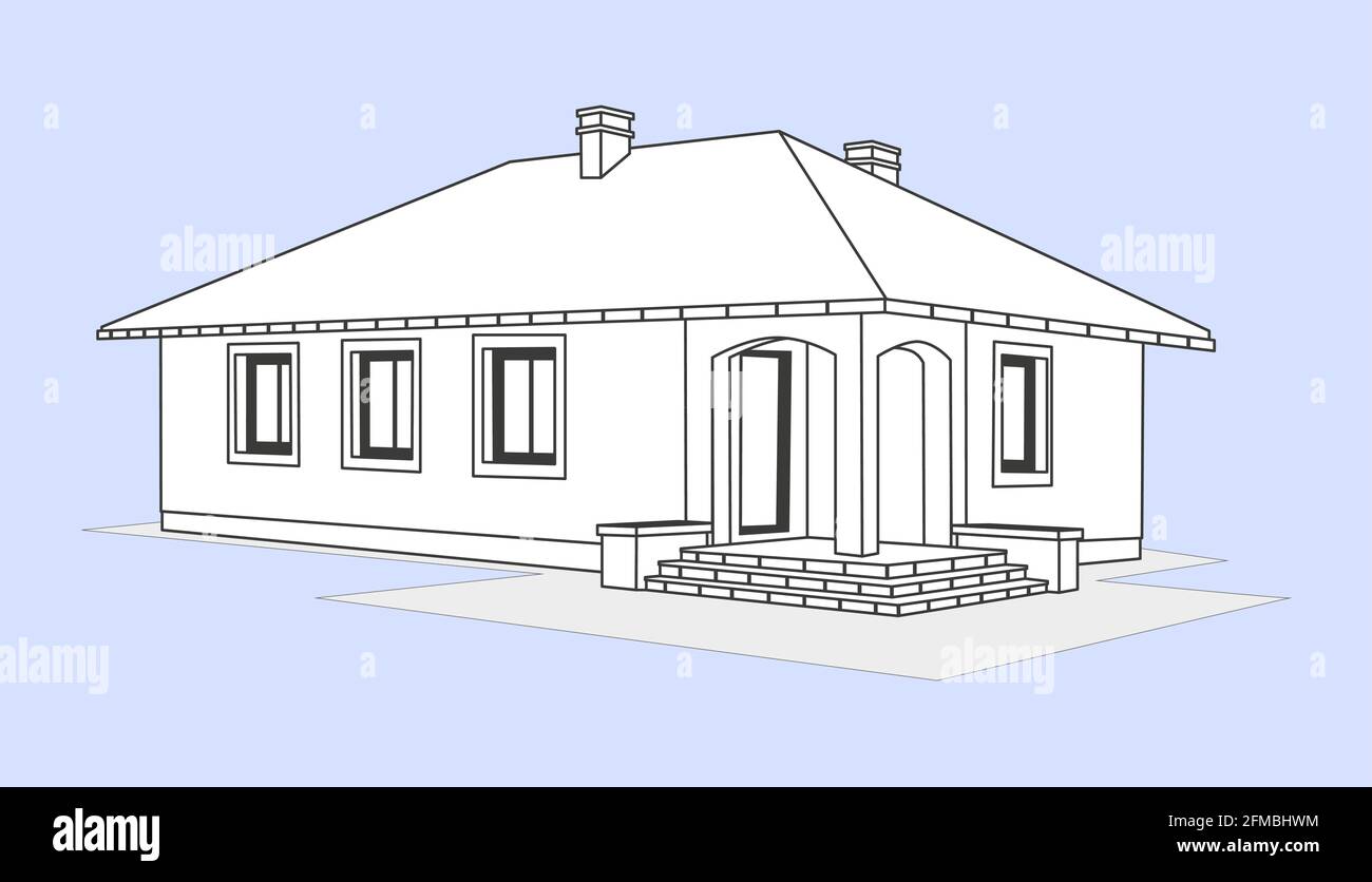 Disegno lineare a matita della casa. Silhouette bianca di una casa di tipo cottage. Isolato. Vettore Illustrazione Vettoriale