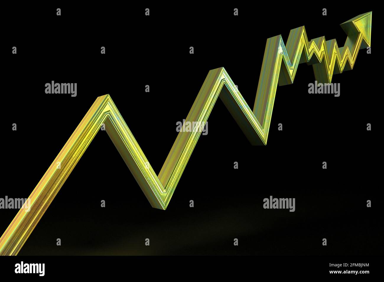 Un'immagine di sfondo con freccia dorata della linea di tendenza ascendente 3d. Foto Stock