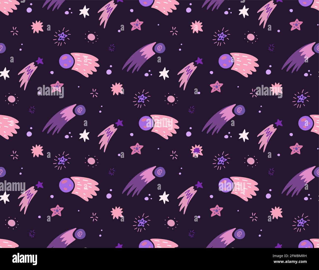 Un motivo di cosmo infantile senza cuciture con stelle, cometa e asteroide su sfondo viola scuro. Texture vettoriale dell'universo in colori viola e rosa. V Illustrazione Vettoriale