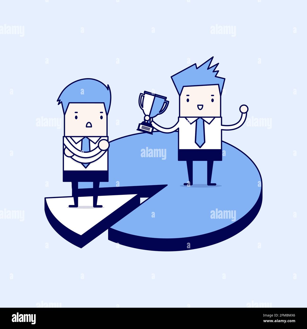 Uomini d'affari su pezzi di differenza grafico a torta. Concetto di quota di mercato. Vettore stile linea sottile carattere cartoon. Illustrazione Vettoriale