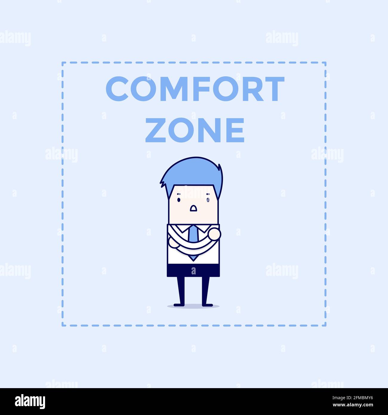 Uomo d'affari in piedi nella zona di comfort. Vettore stile linea sottile carattere cartoon. Illustrazione Vettoriale