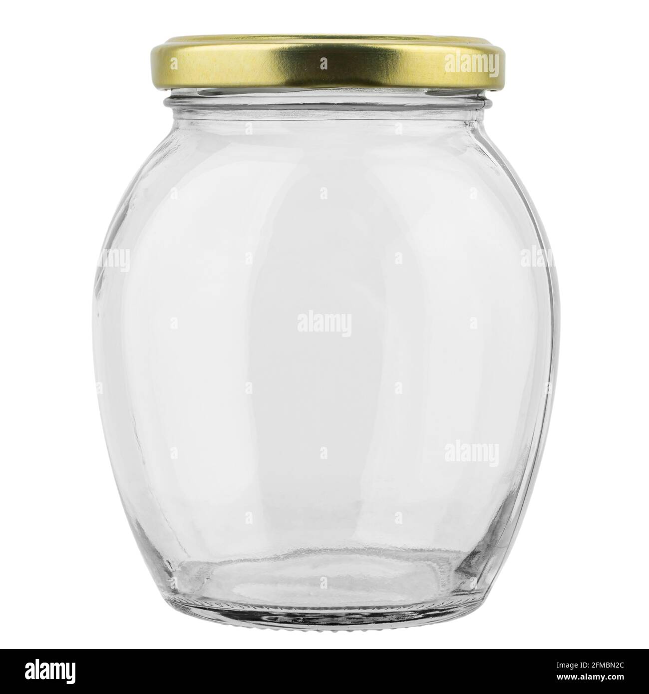 Vaso vuoto con tappo dorato. Concetto di conservazione degli alimenti. Il file contiene il percorso di ritaglio. Foto Stock