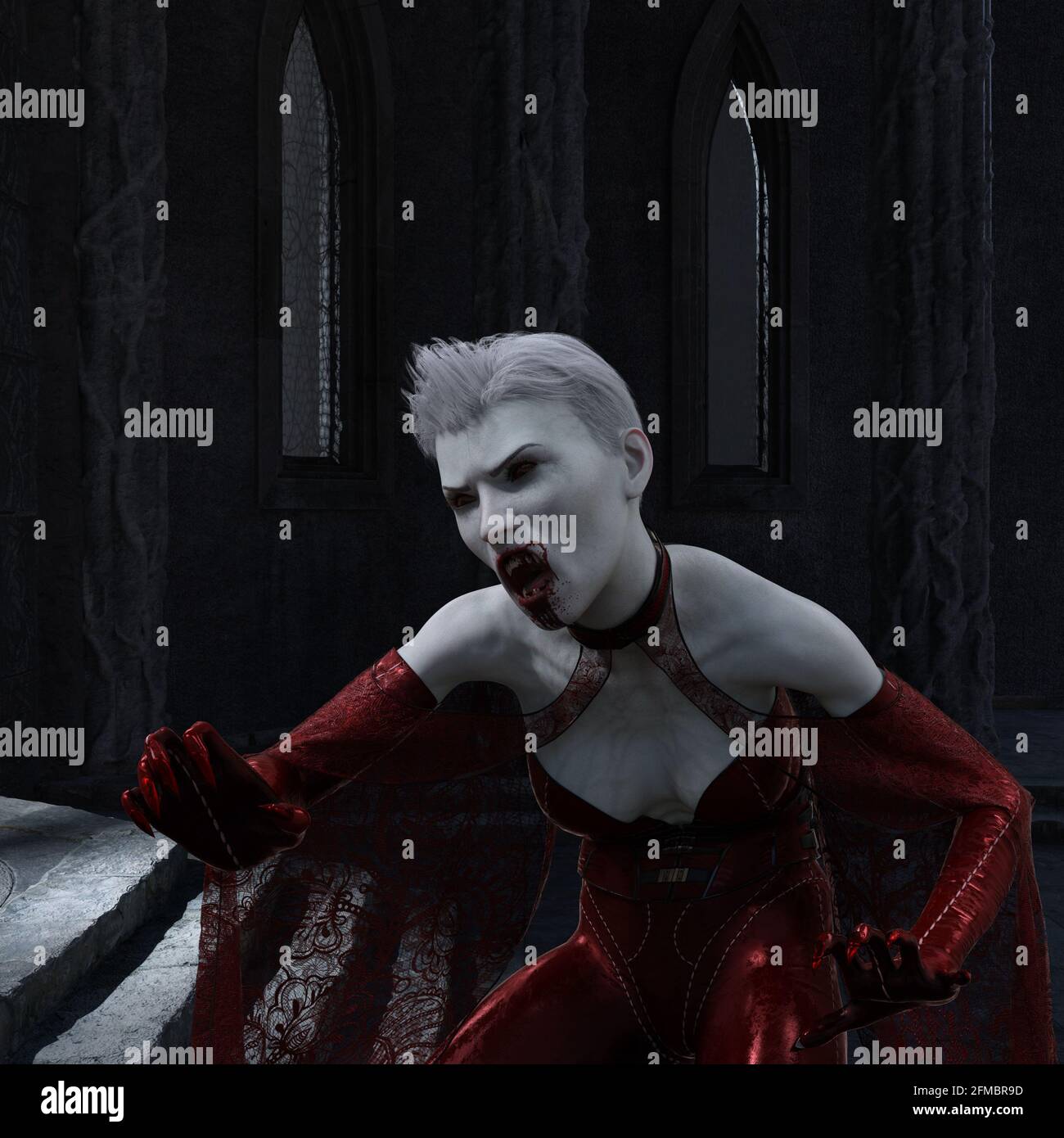 Illustrazione 3D vampiro donna in un castello gotico Foto Stock