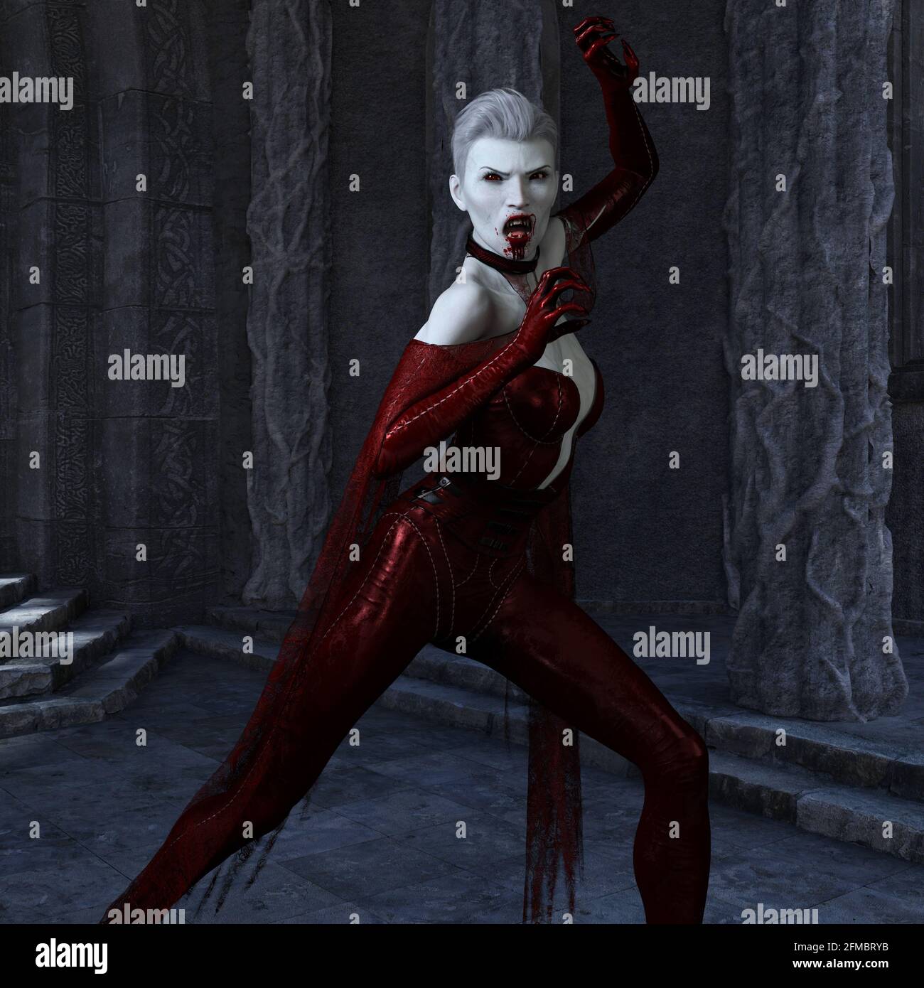 Illustrazione 3D vampiro donna in un castello gotico Foto Stock