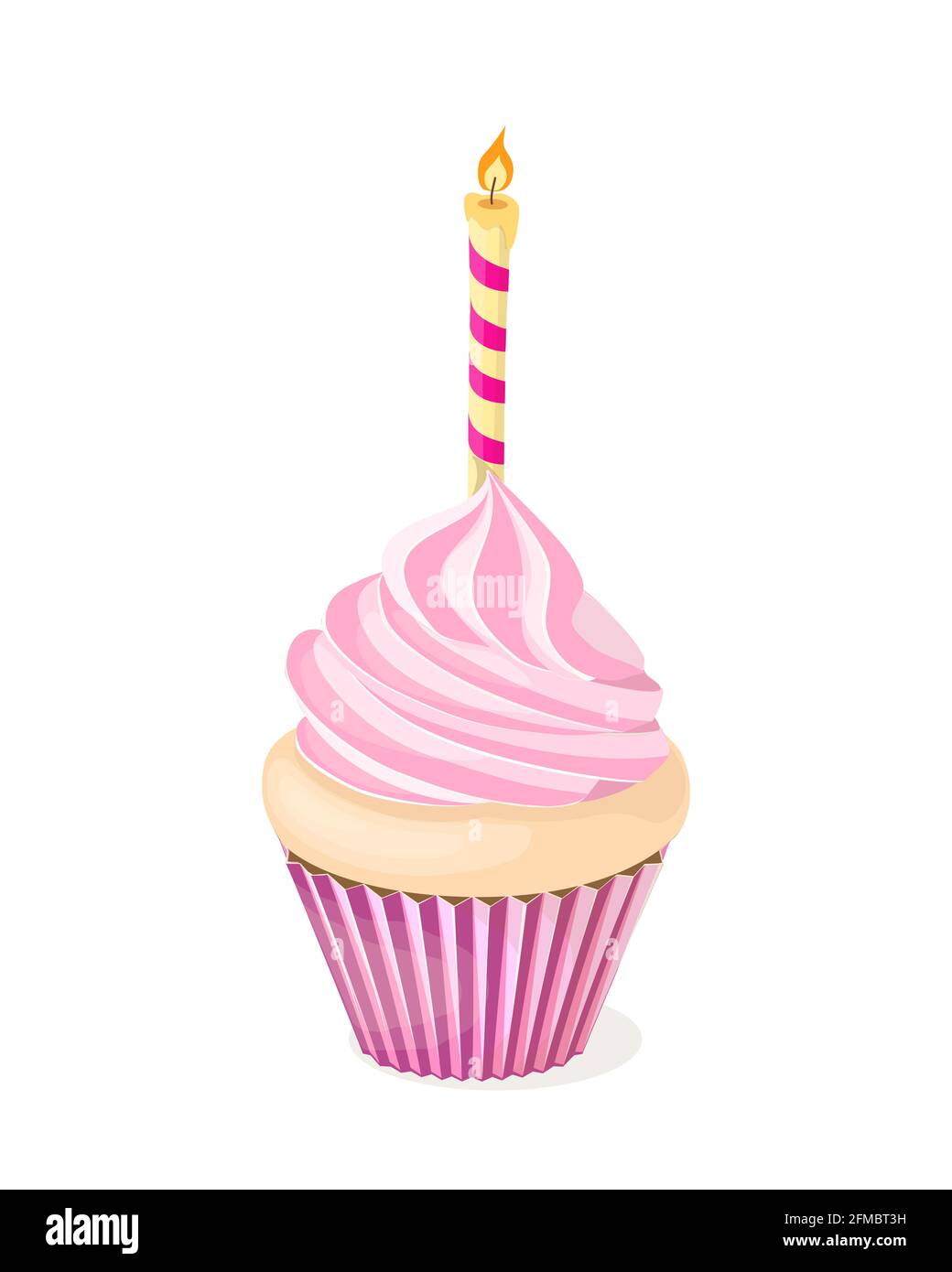 Cupcake colorato e realistico isolato con candela su sfondo bianco. Illustrazione vettoriale per l'invito alla festa del tè o il biglietto di compleanno, menu dolce di Foto Stock
