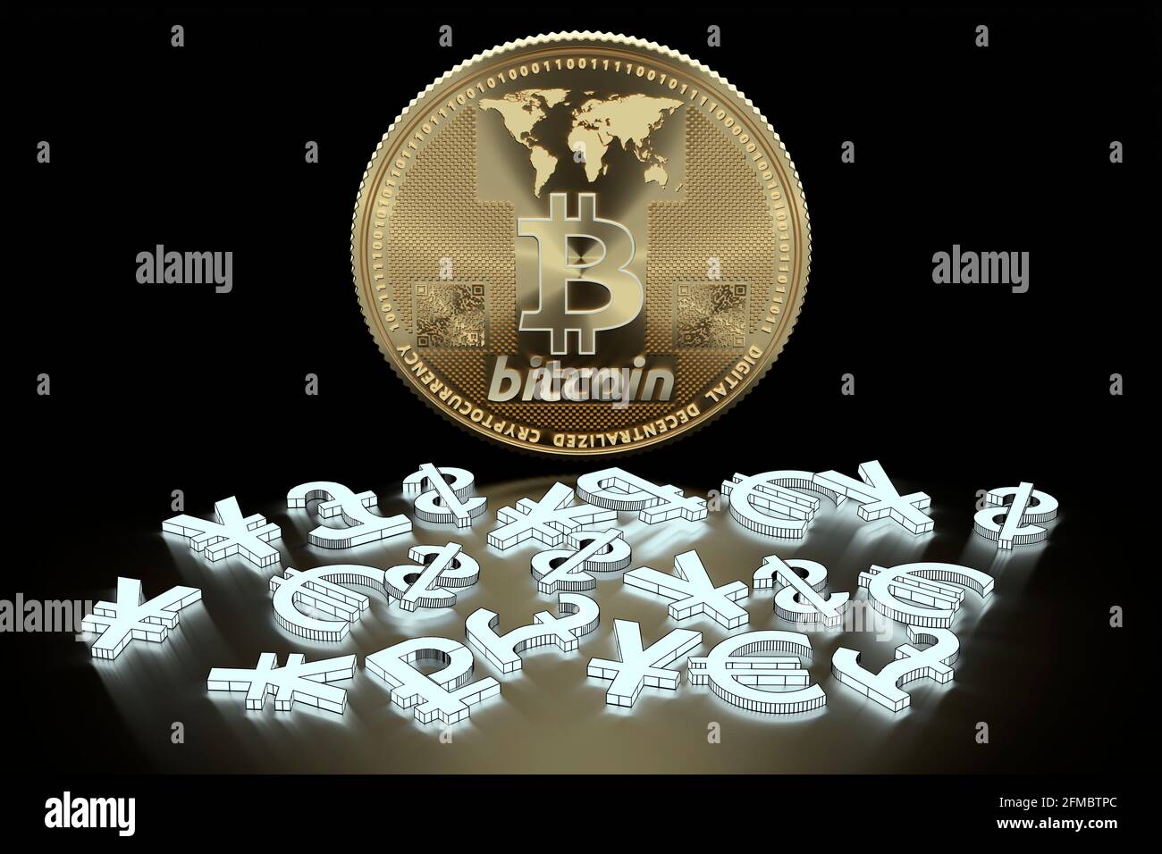 Simboli Bitcoin e valuta, illustrazione Foto Stock