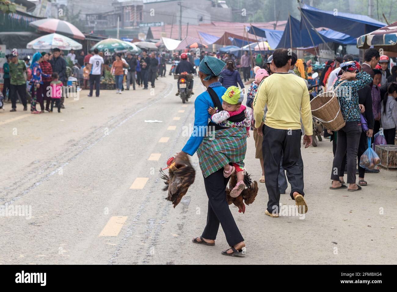 Acquisto di polli vivi, Quyet Tien mercato etnico minoritario, provincia di ha Giang, Vietnam del Nord Foto Stock