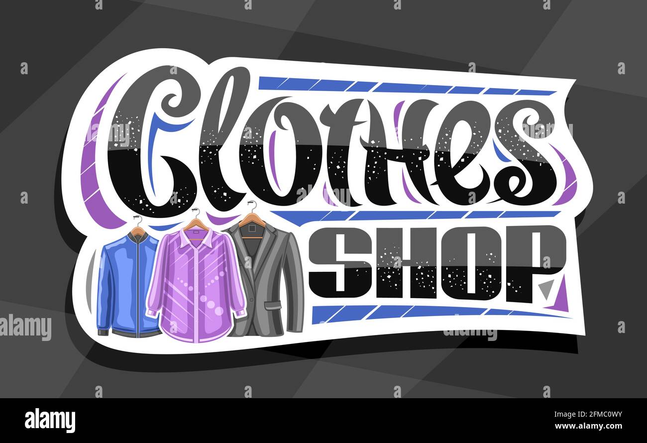 Cartellonistica vettoriale per il negozio di abiti, cartellonistica decorativa bianca con illustrazione della blusa da donna viola appesa e giacca da uomo blu, banner con uni Illustrazione Vettoriale