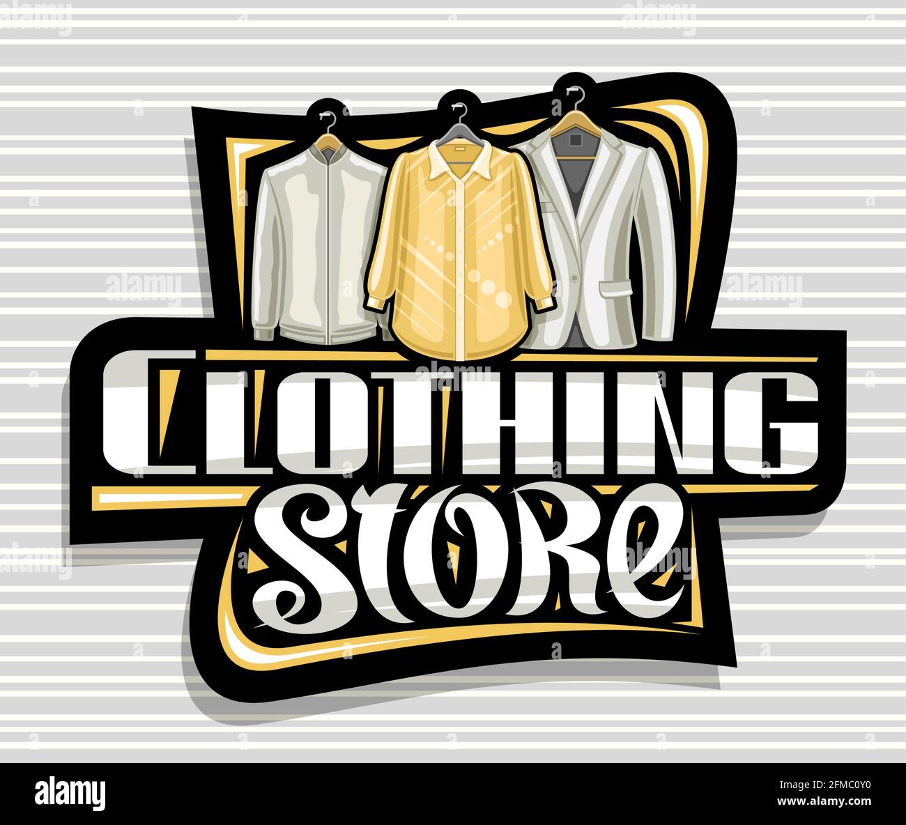 Logo vettoriale per negozio di abbigliamento, cartellone decorativo scuro con illustrazione della blusa appesa gialla da donna e giacca grigia da uomo, poster con il gallo Illustrazione Vettoriale