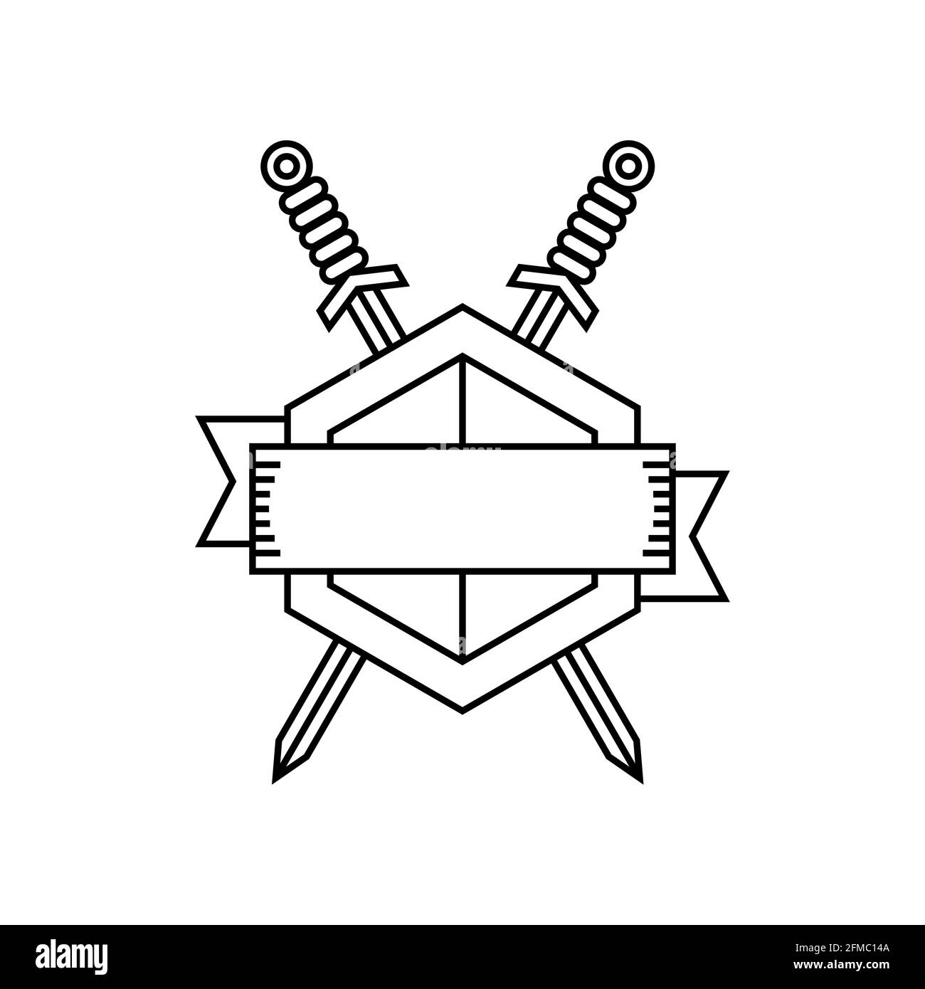 Logo Shield e Swords con posto per il testo. Spade incrociate. Concetto di battaglia cavaliere medievale. Stemma. Protezione e sicurezza. Forza, difesa. Illustrazione Vettoriale