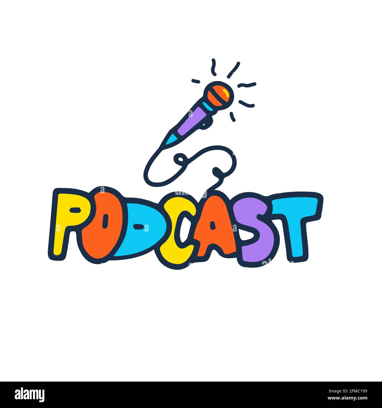 Podcast colorato logo iscrizione. Divertente cartoon doodle titolo con il microfono. Ottimo per podcasting, broadcasting, media hosting, web radio, Illustrazione Vettoriale