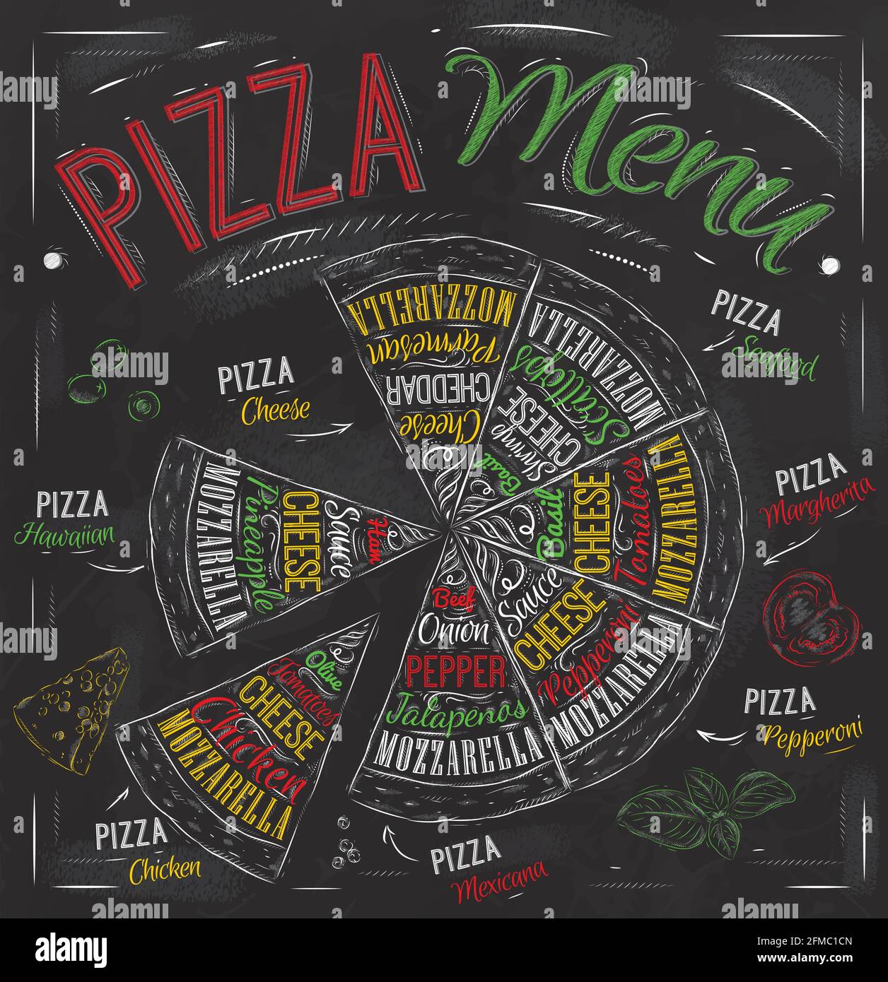 Menu pizza i nomi dei piatti di pizza, hawaiana, formaggio, pollo, pepperoni e altri ingredienti pomodoro, basilico, oliva, formaggio per progettare un menù stile Illustrazione Vettoriale