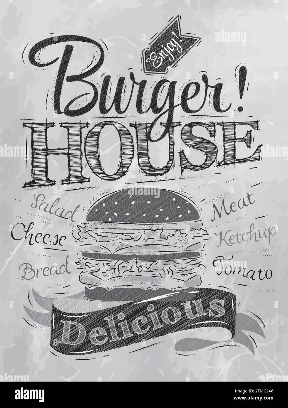 Poster scritta Burger House dipinto con un hamburger e iscrizioni stilizzato disegno con iscrizione carbone. Illustrazione Vettoriale