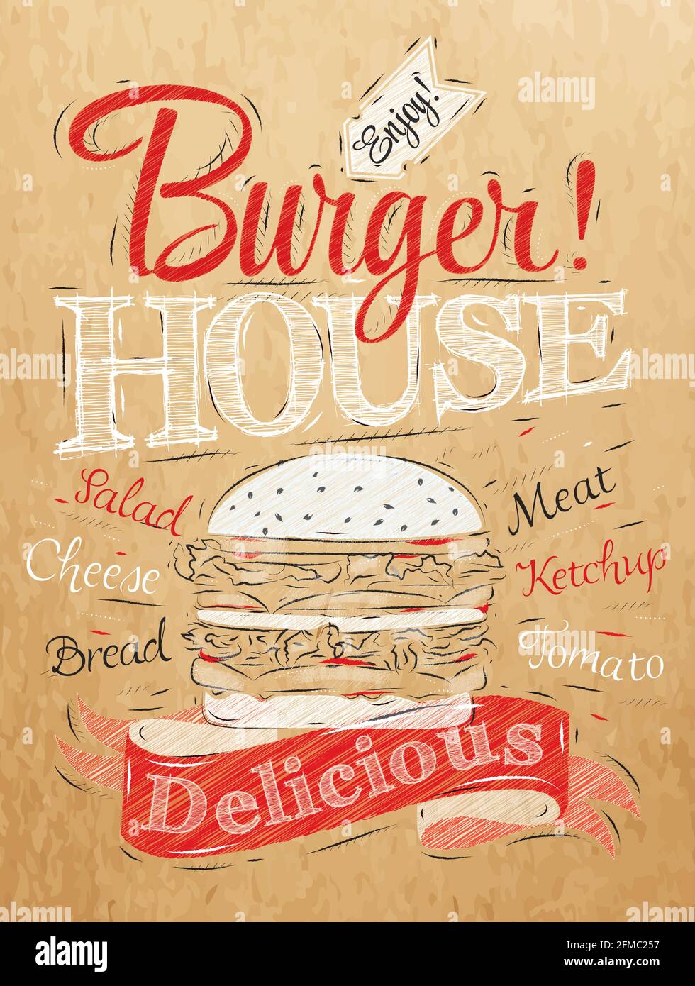 Poster scritta Burger House dipinto con un hamburger e iscrizioni stilizzato disegno su carta kraft di rosso, bianco, nero. Illustrazione Vettoriale