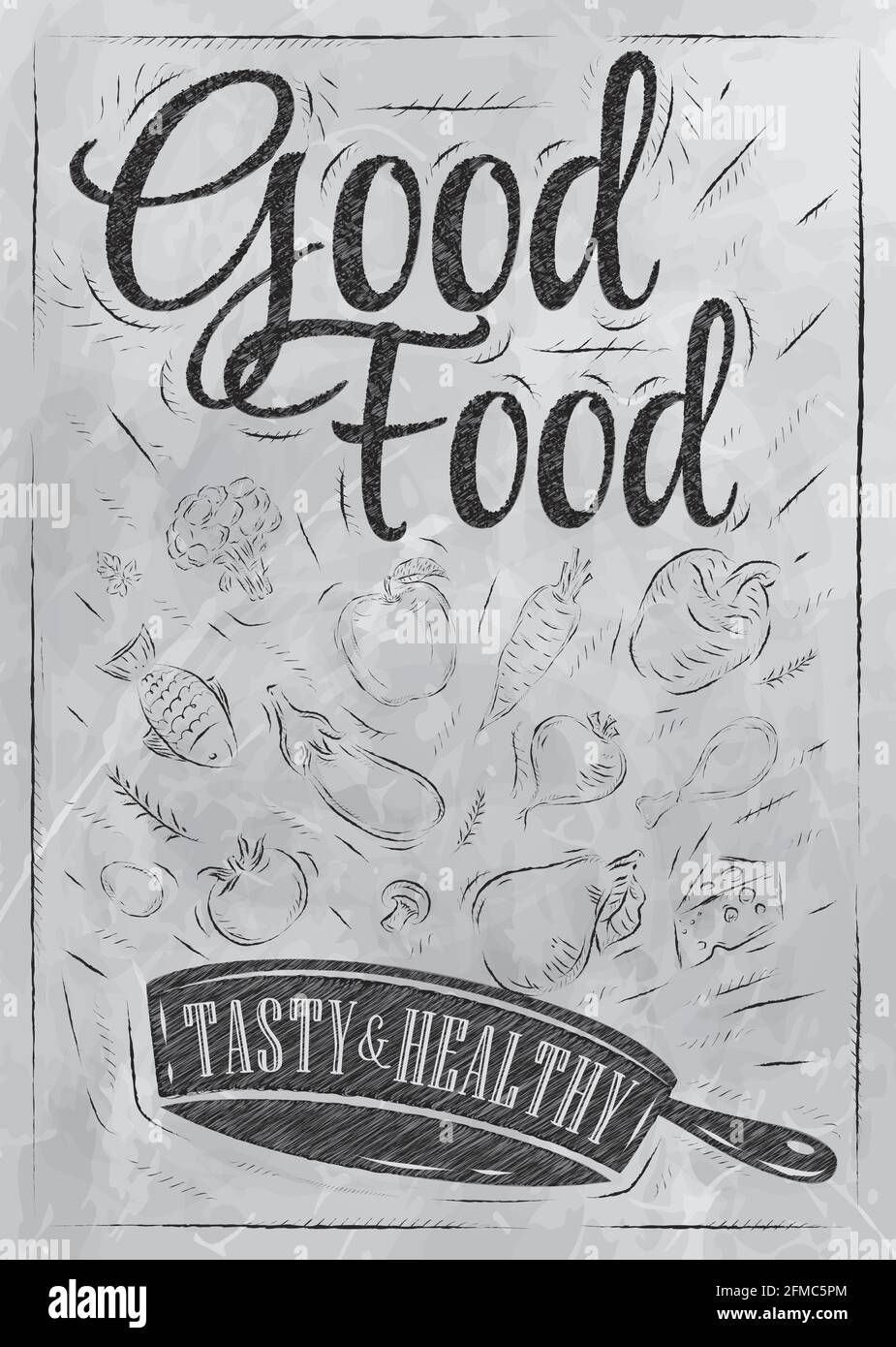Poster buon cibo con padella in cui i prodotti fly stilizzato disegno con carbone su lavagna . Illustrazione Vettoriale Poster buon cibo con padella in cui i prodotti fly stilizzato disegno con carbone su lavagna . Illustrazione Vettoriale
