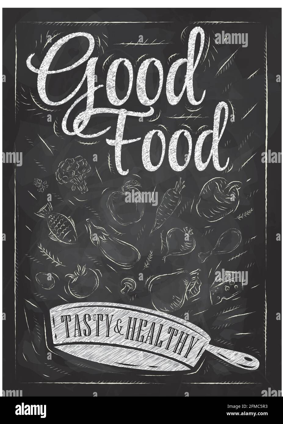 Poster buon cibo con padella in cui i prodotti volano stilizzato disegno con gesso su lavagna. Illustrazione Vettoriale Poster buon cibo con padella in cui i prodotti volano stilizzato disegno con gesso su lavagna. Illustrazione Vettoriale