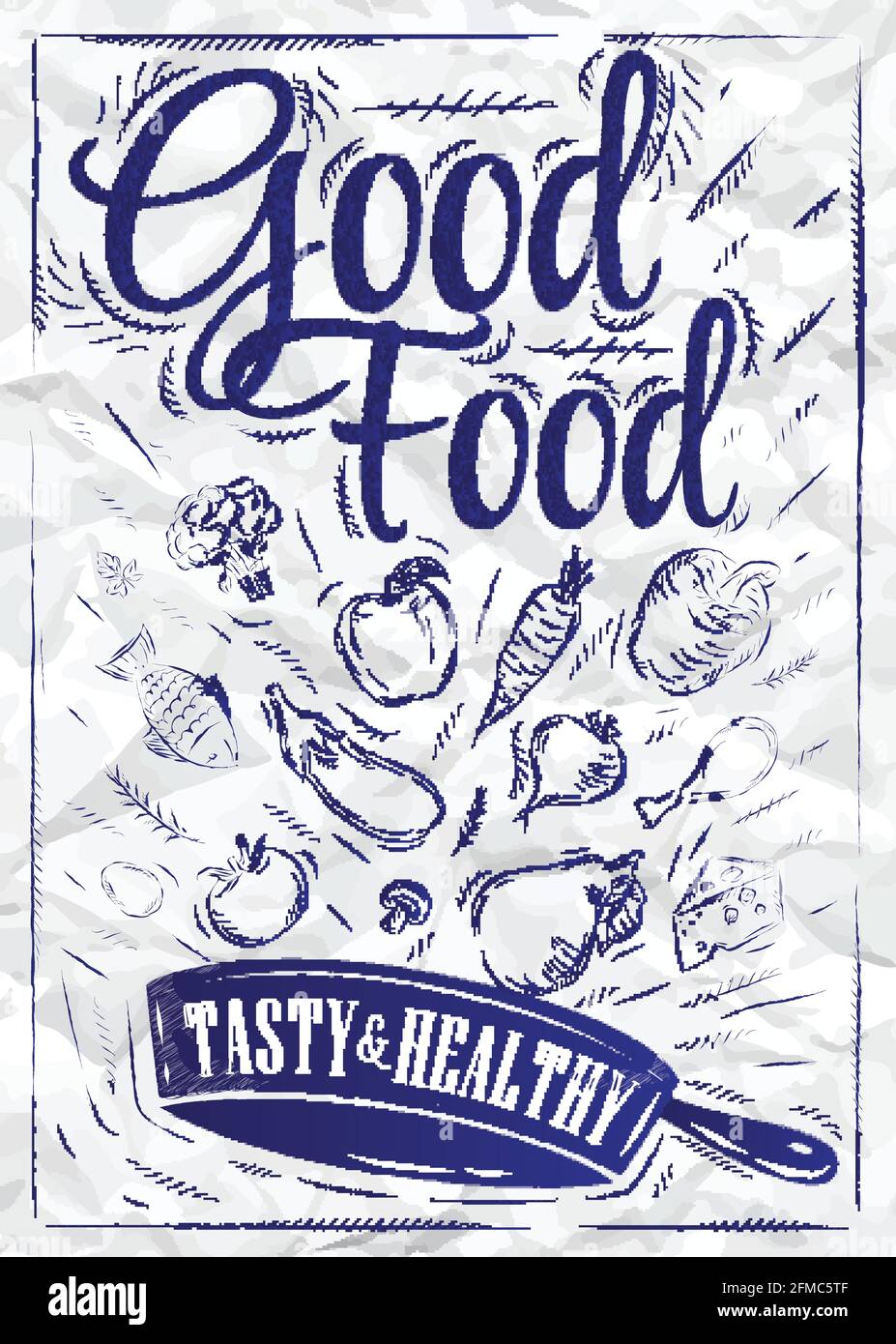 Poster buon cibo con padella in cui i prodotti fly stilizzato disegno di una penna su una carta sminuzzata. Illustrazione Vettoriale Poster buon cibo con padella in cui i prodotti fly stilizzato disegno di una penna su una carta sminuzzata. Illustrazione Vettoriale