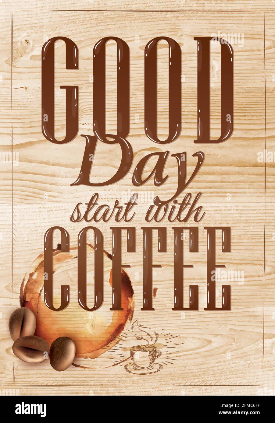 Poster caffè in legno loft color scritta buon giorno iniziare con il caffè. Illustrazione Vettoriale