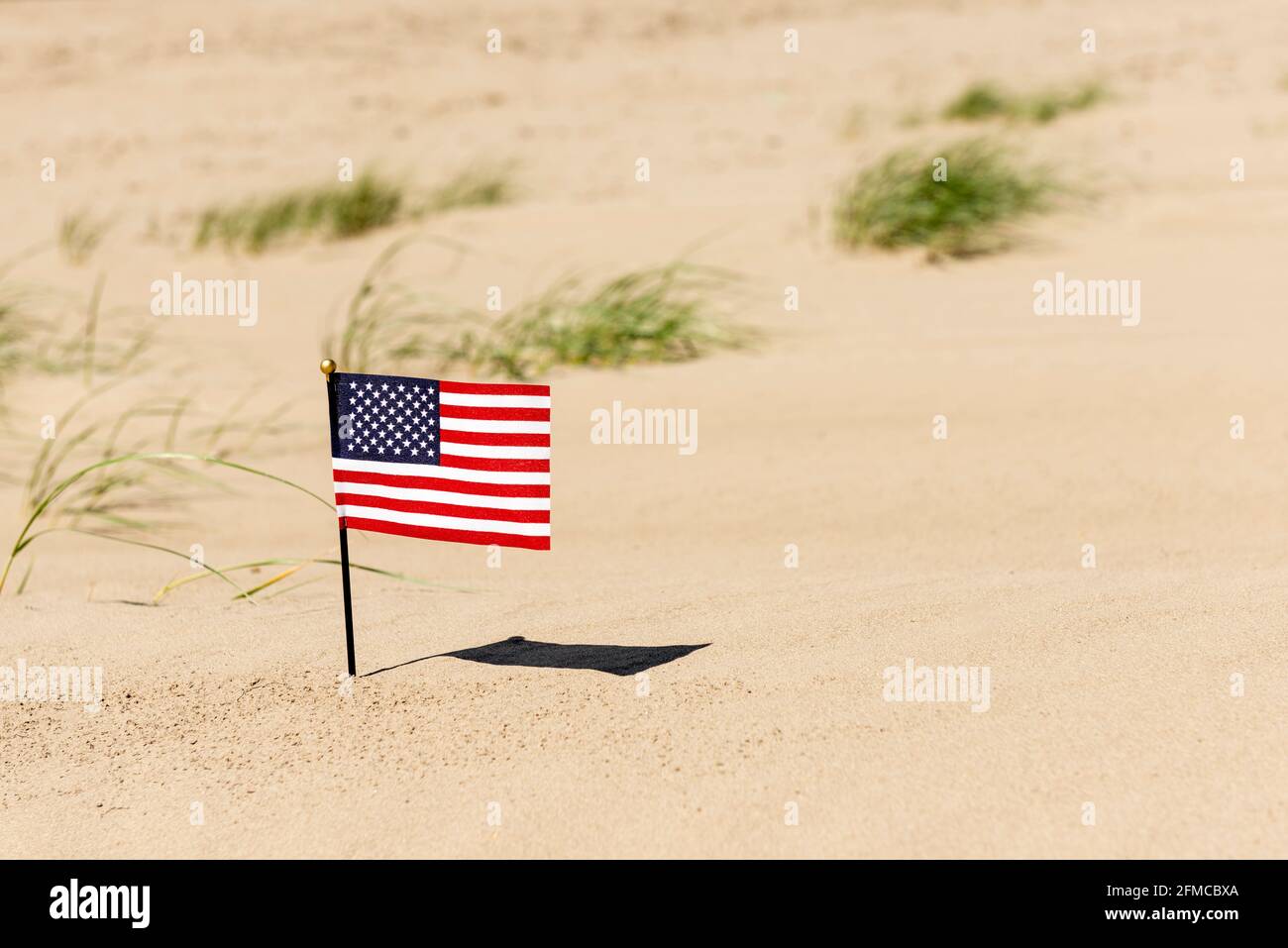 Bandiera americana e spiaggia. Bandiera DEGLI STATI UNITI bloccata nella sabbia su vasta spiaggia di sabbia vuota. Foto Stock