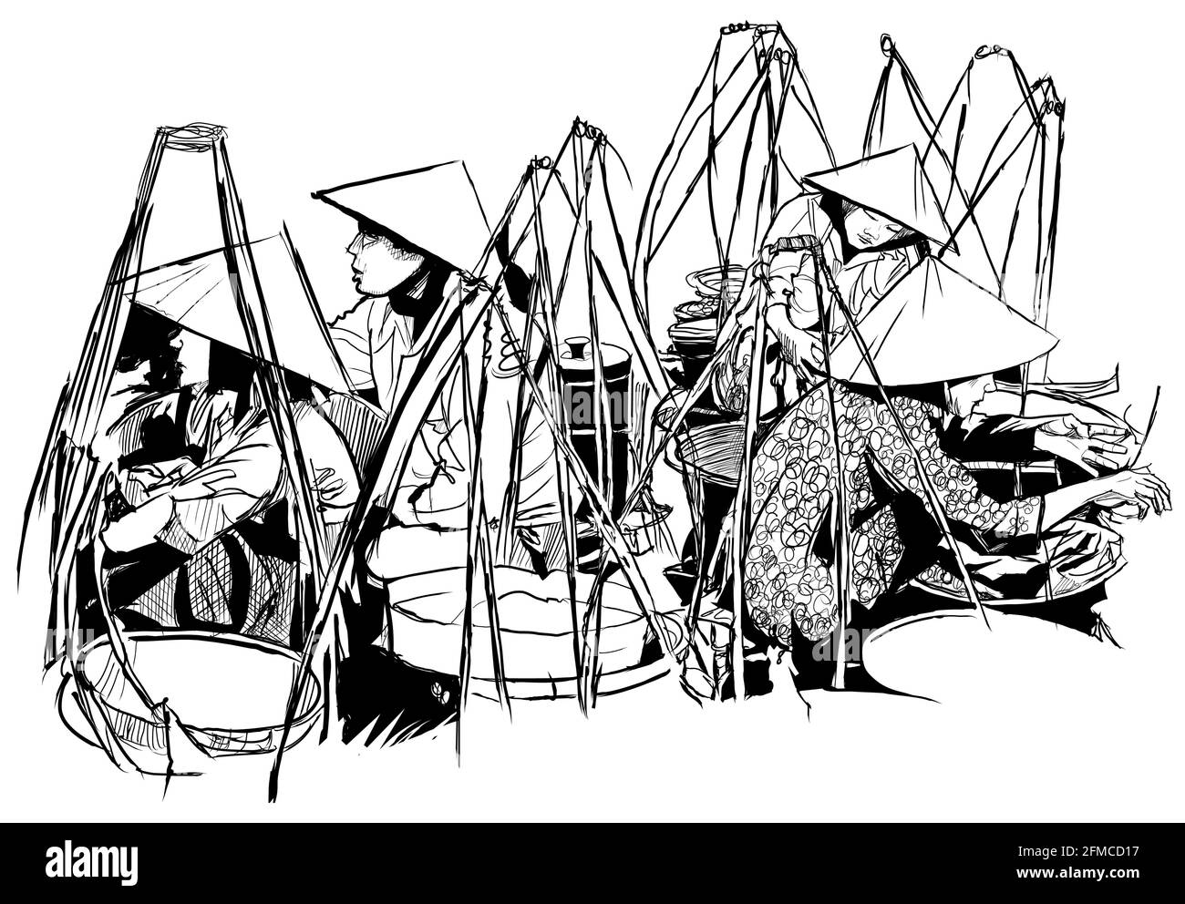 Venditori sul mercato locale in Vietnam - illustrazione vettoriale Illustrazione Vettoriale